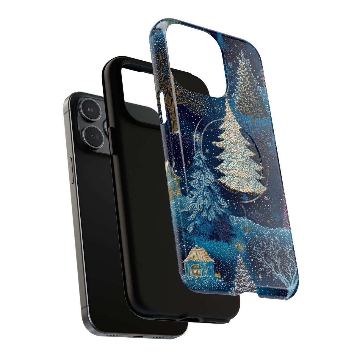 Glossy blue phone case with gold evergreen tree, blue feather scene, visible camera cutout