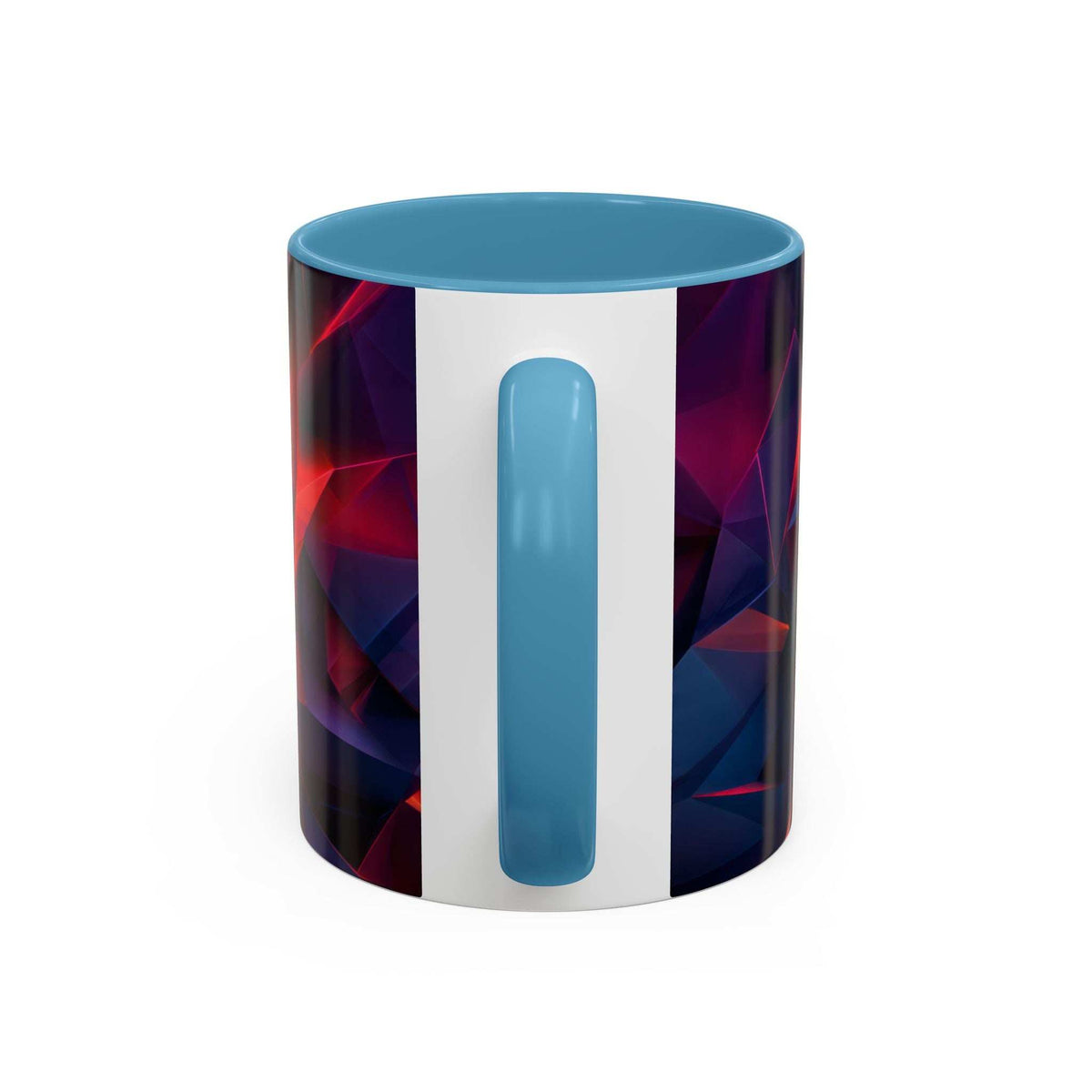 Ceramic accent mug with blue rim and handle; vertical blue stripe and geometric artwork.