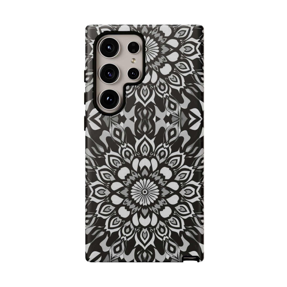 Black and white mandala phone case with three camera lens openings and flash cutout