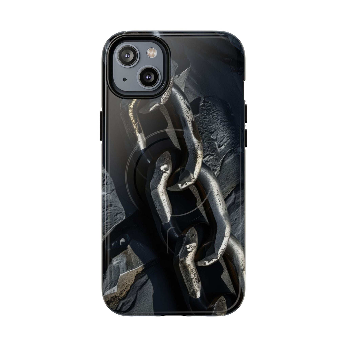 Black magnetic phone case with iron chain design, showing front camera cutout area