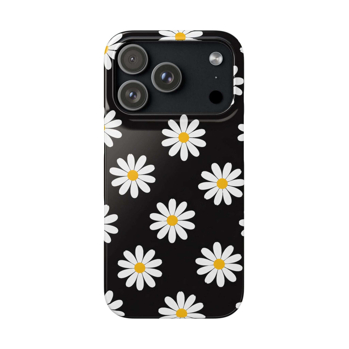 Black phone case with white daisies and yellow centers, with camera cutouts.