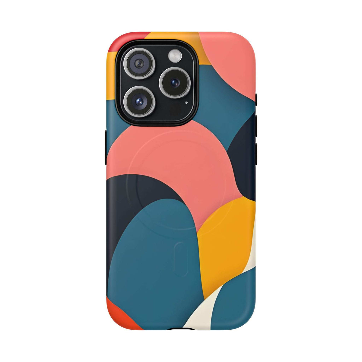 Colorful abstract art phone case with teal, coral, and yellow abstract curves