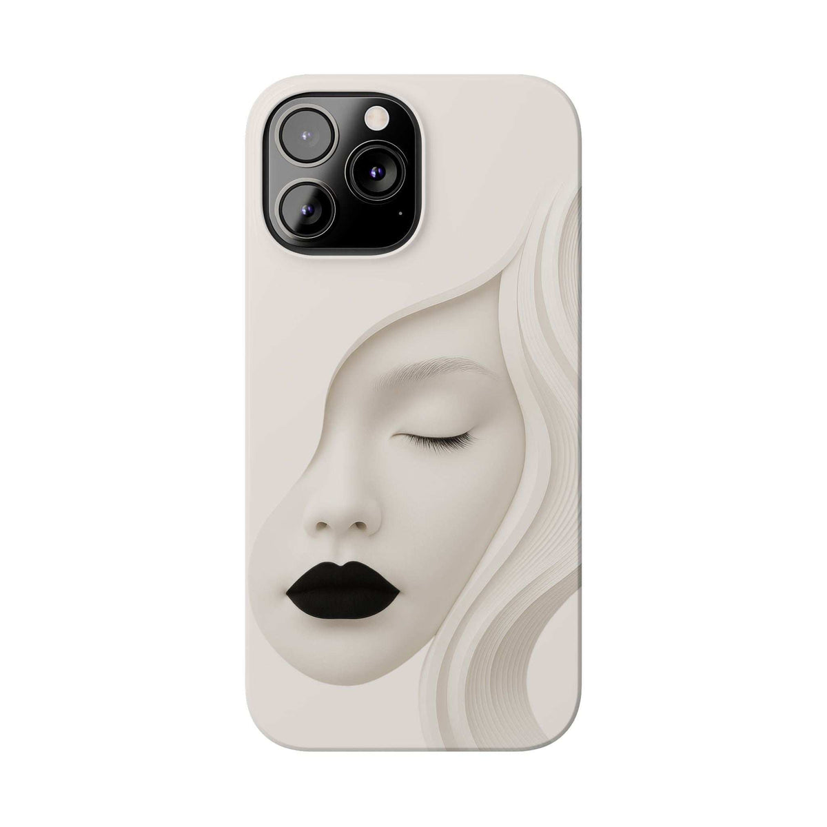 Minimalist face phone case for iPhone 11–17, beige with face art, closed eyes, black lips.