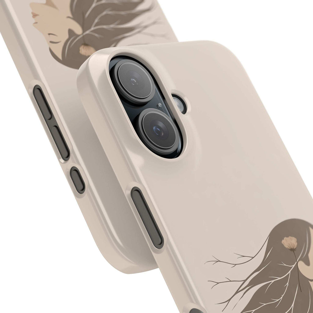 Light cream phone case angled view with dual camera cutout and side button openings