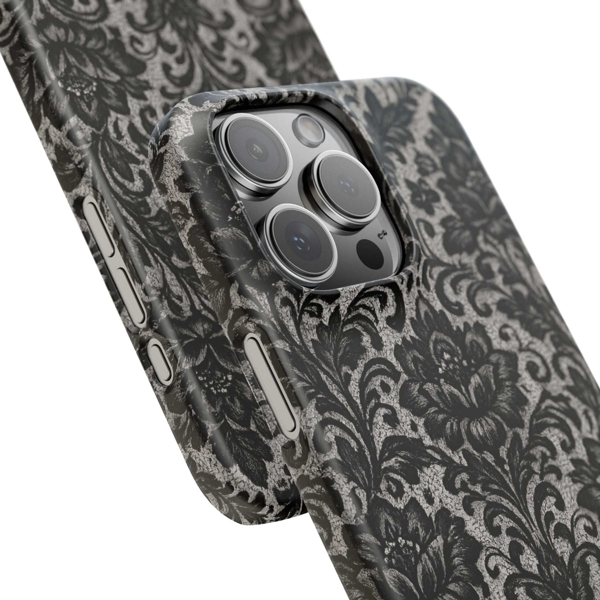 Black damask floral phone case, close-up view of gray ornate pattern