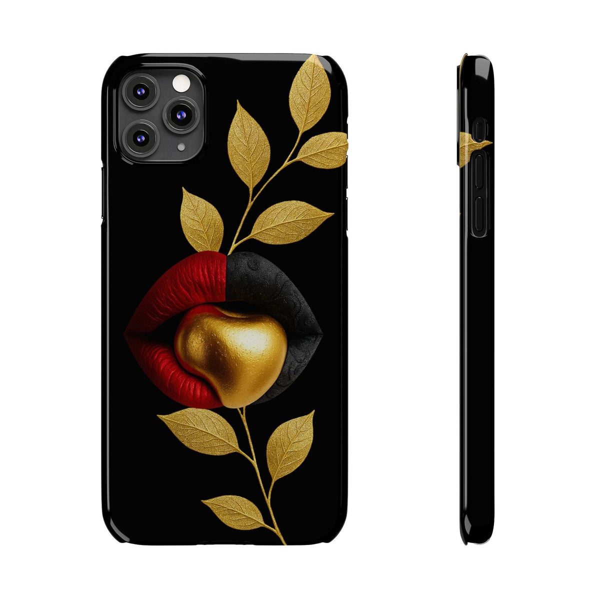 Black iPhone phone case with gold leaves and red lips design; textured camera module cutout