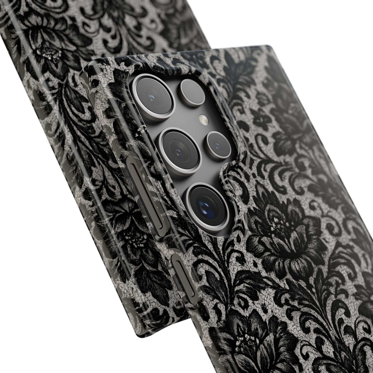 Black damask floral phone case, angled close view of camera cutout and lenses