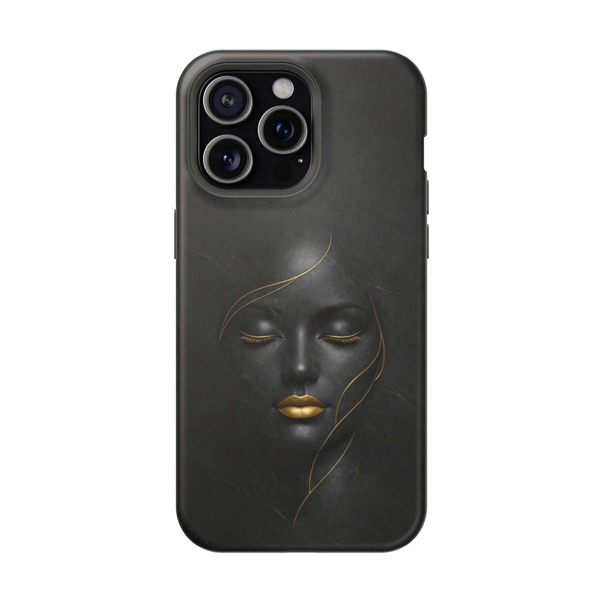 Black phone case with gold face illustration, slim profile with side cutouts