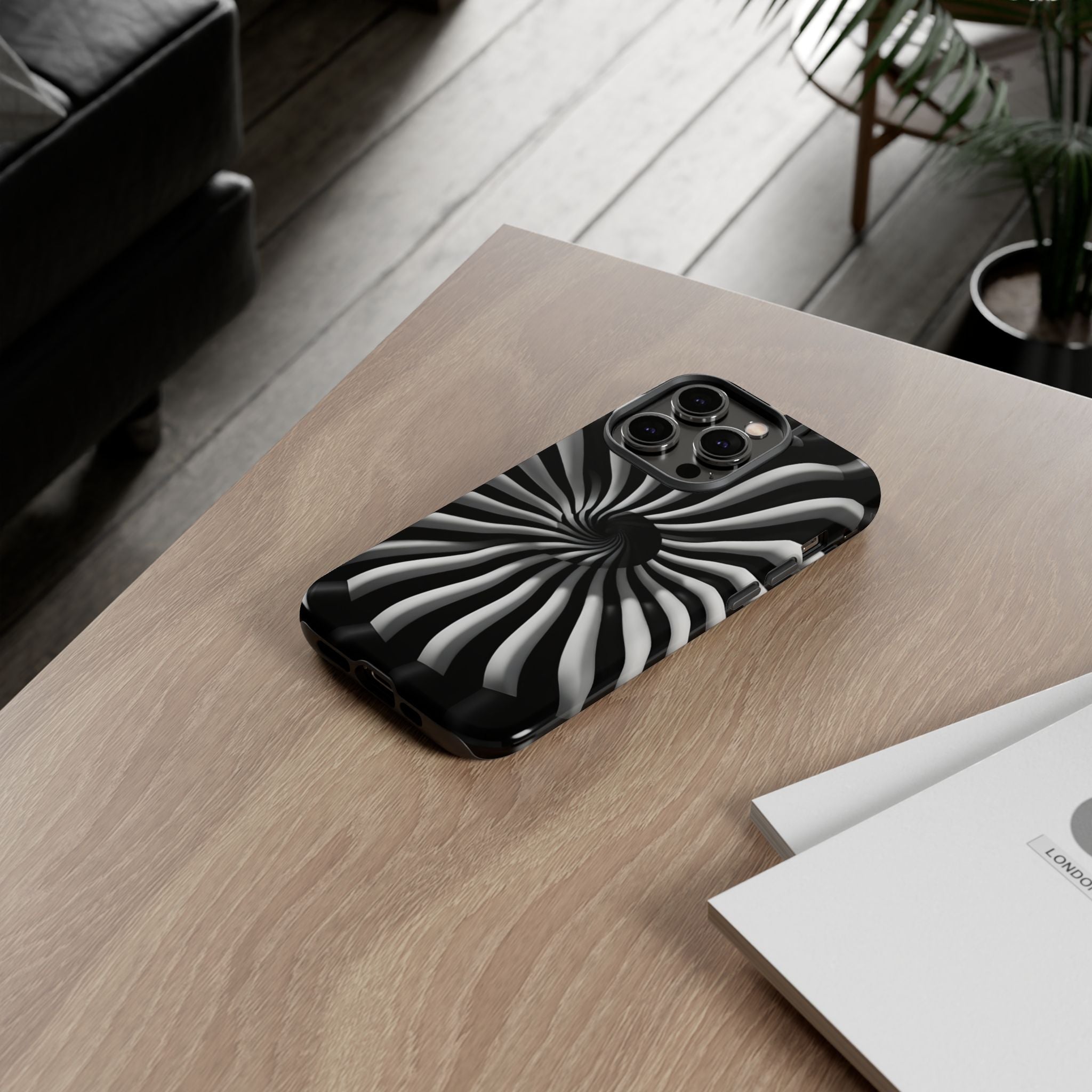 Hypnotic Black and White Spiral Phone Case – Optical Illusion Design for iPhone & Galaxy
