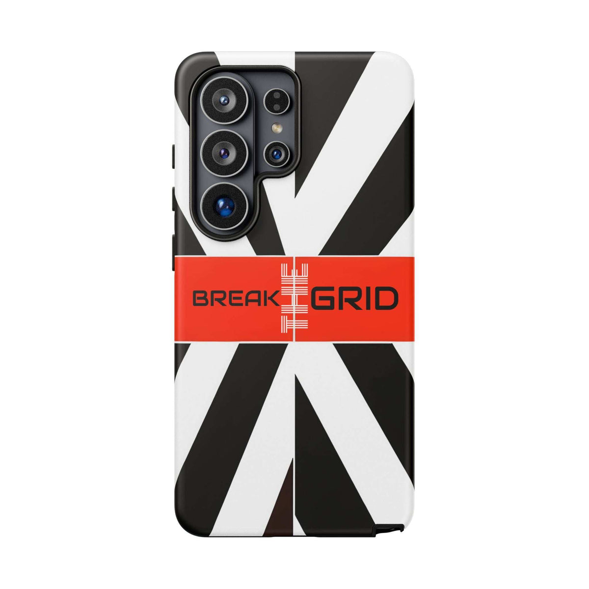 Phone case with black-and-white graphic, red BREAK GRID band, and quad camera cutouts