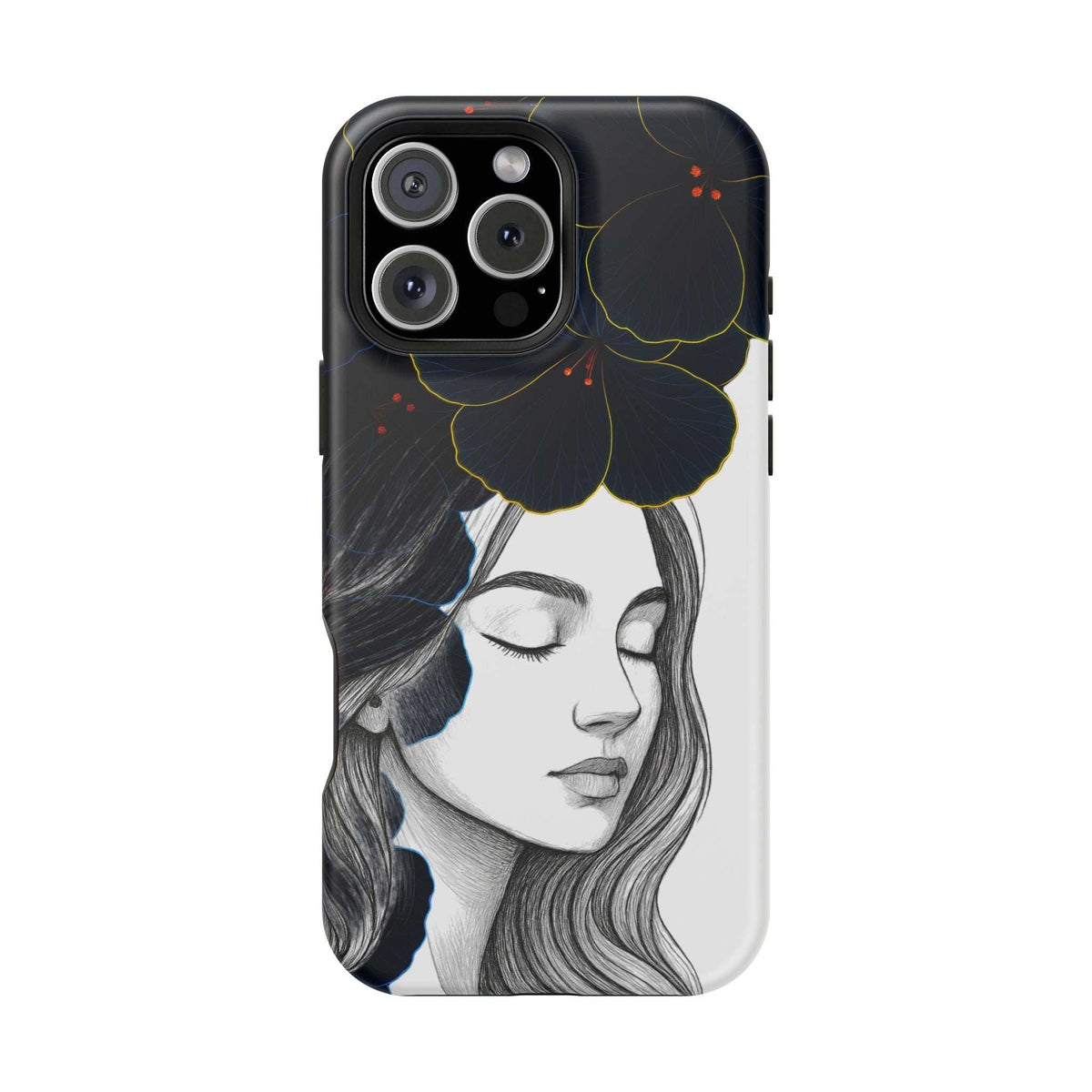 Phone case with grayscale woman art, blue blossoms, and camera lens openings