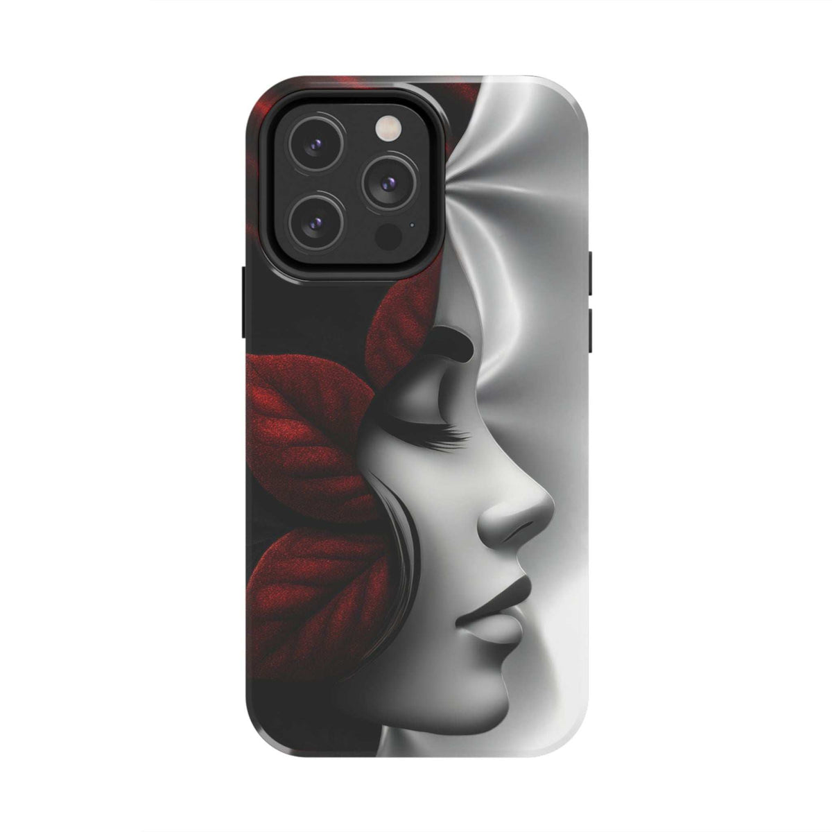 Phone case with red rose and grayscale side-face art on black bezel