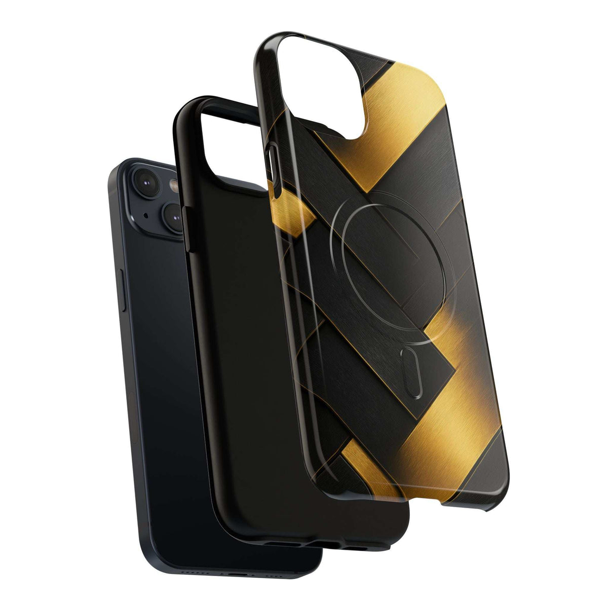 Glossy phone case with black and gold geometric grid, curved corners and camera openings