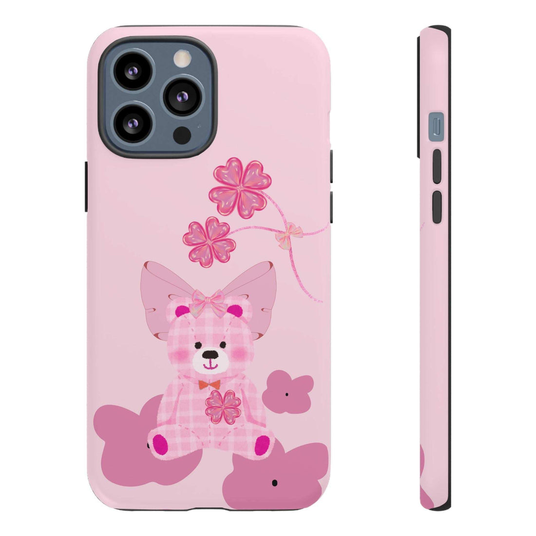 Pink phone case with cute teddy bear design and floral bow; camera cutout.