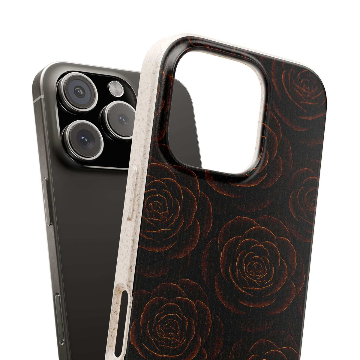 Rose-pattern phone case with dark wood-look back and camera lens openings