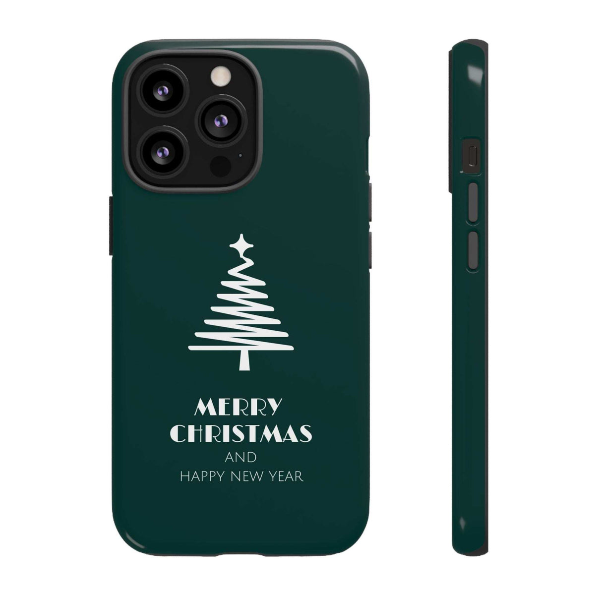 Dark green glossy phone case with Christmas tree design and "Merry Christmas"