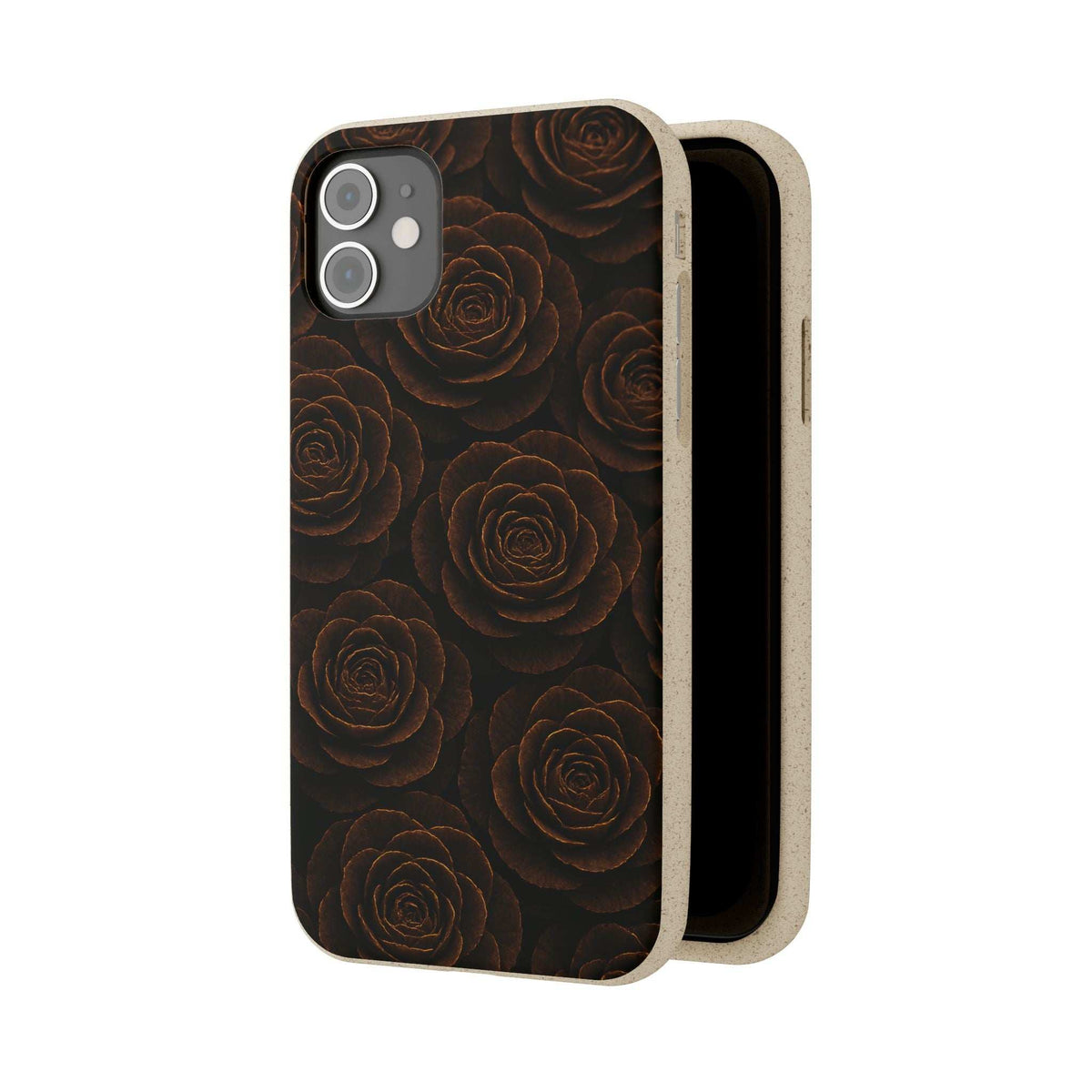 Wooden phone case with dark rose pattern; front and side/back shown