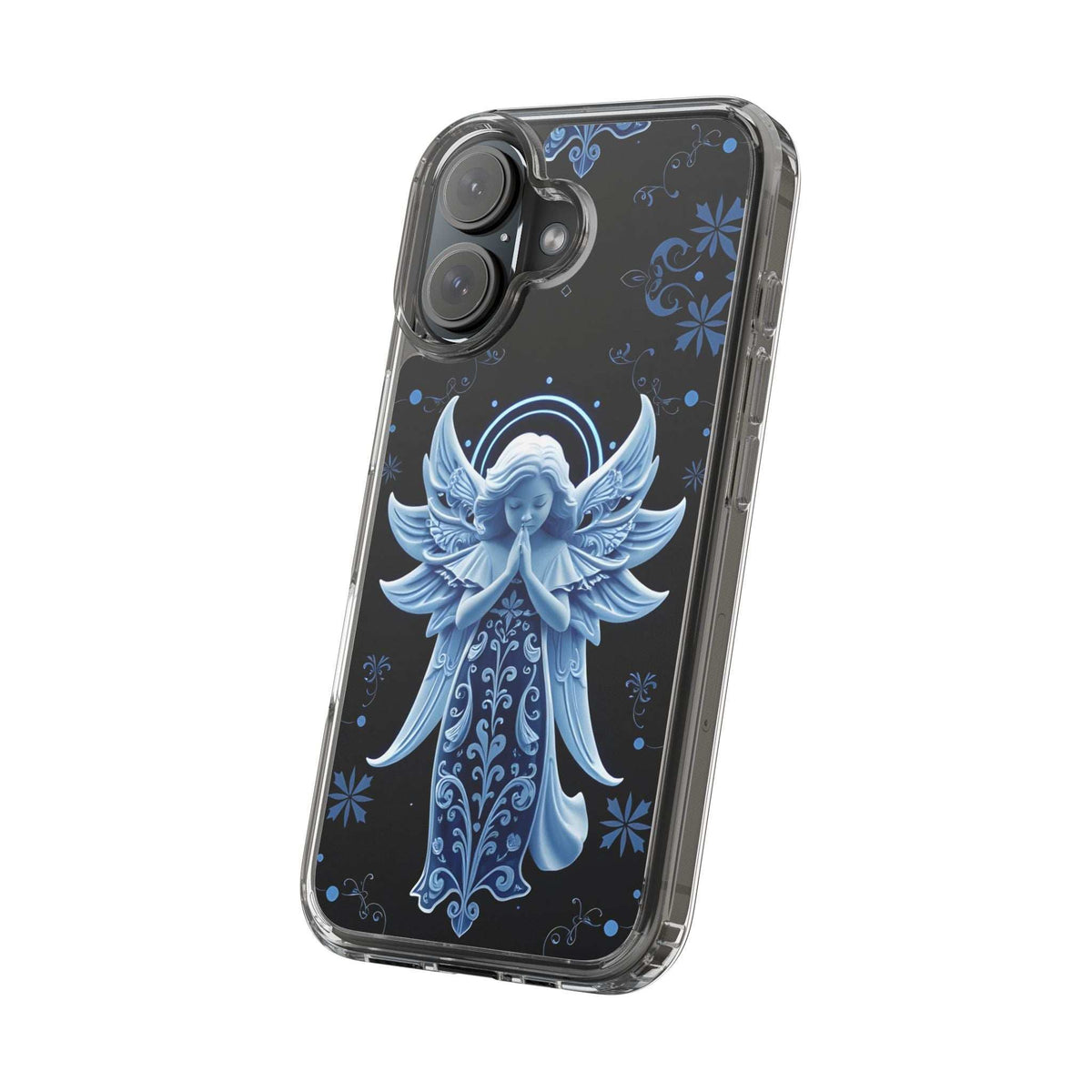 Transparent blue angel prayer phone case with neon halo circle and floral corner details