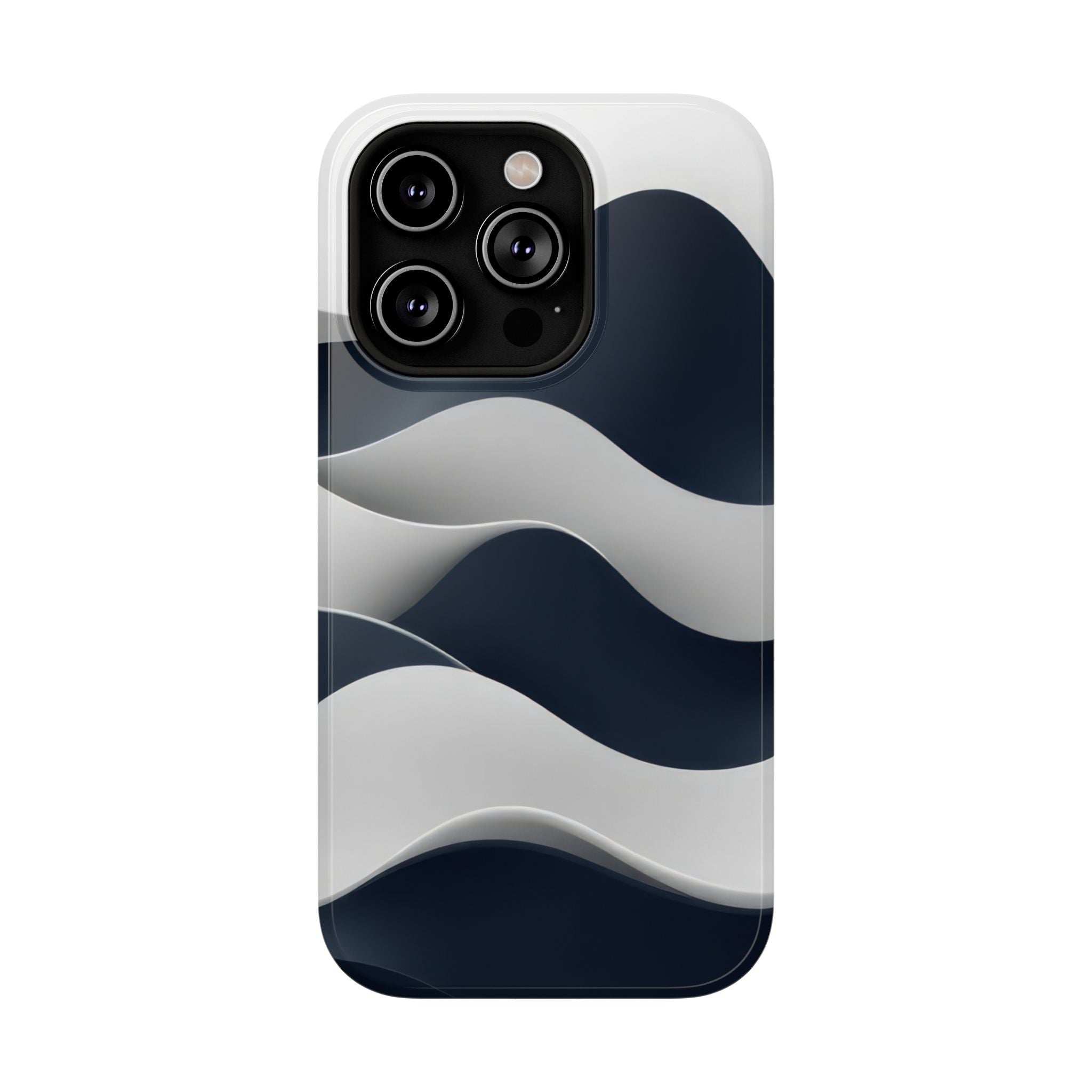 Glossy phone case with navy and white wave pattern; raised multi-camera protection