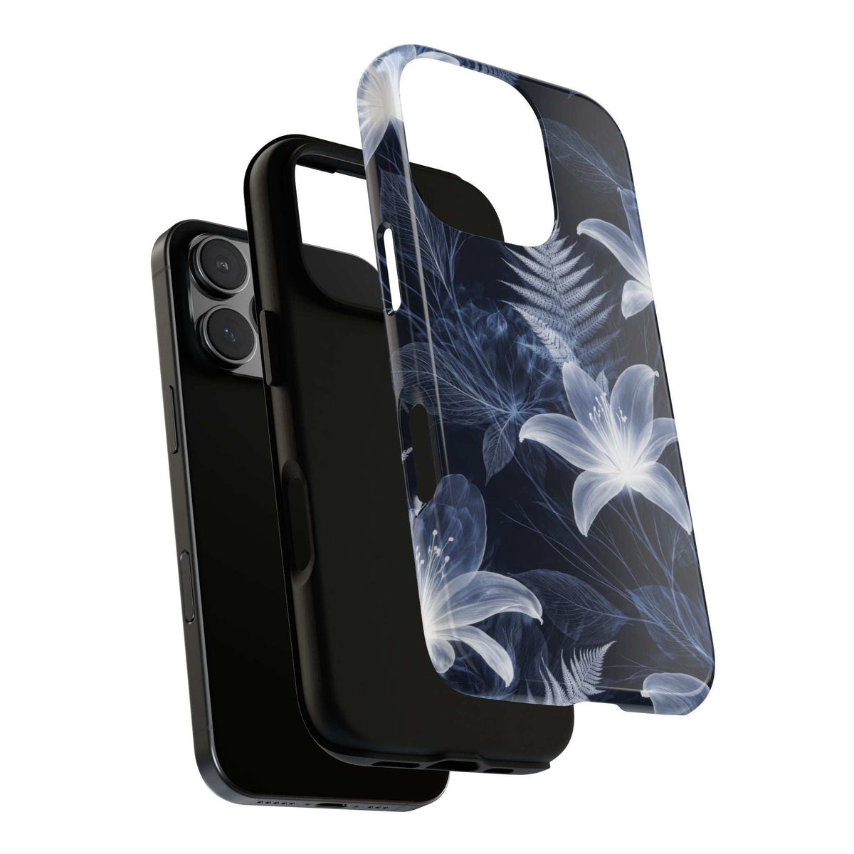 Dark blue floral phone case featuring white flowers, open ports and camera lens cutout