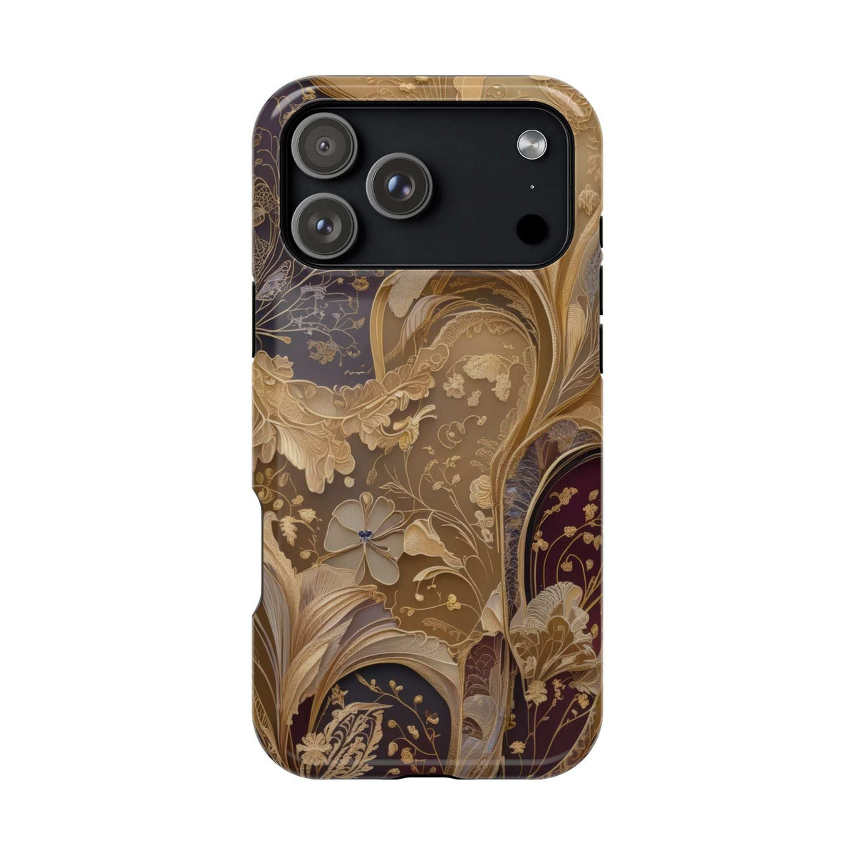 Botanical phone case with gold leaf and flower motifs and dark brown details, triple camera