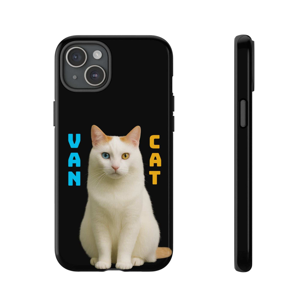 Glossy black phone case with sitting cat image and slim side protection