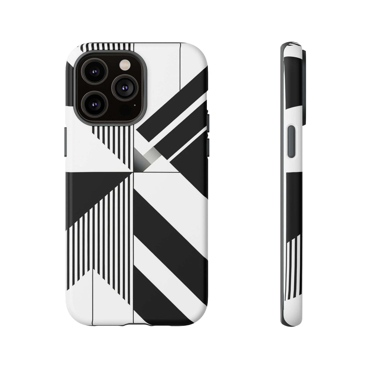 Tough phone case featuring black-and-white geometric pattern and side button cutouts