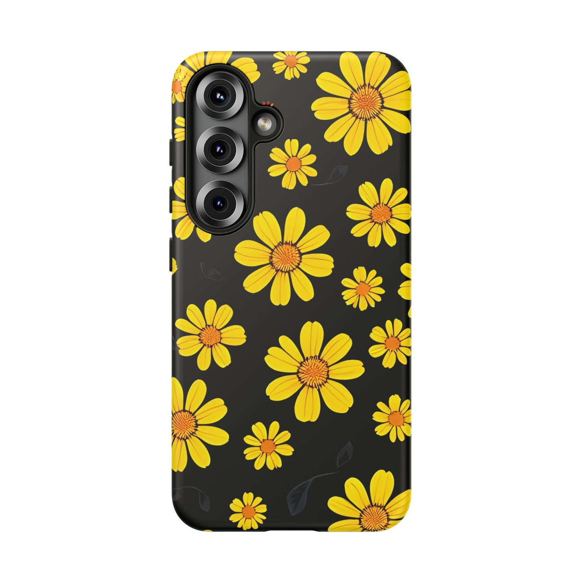 Black phone case with yellow daisy print and protective camera module cutouts
