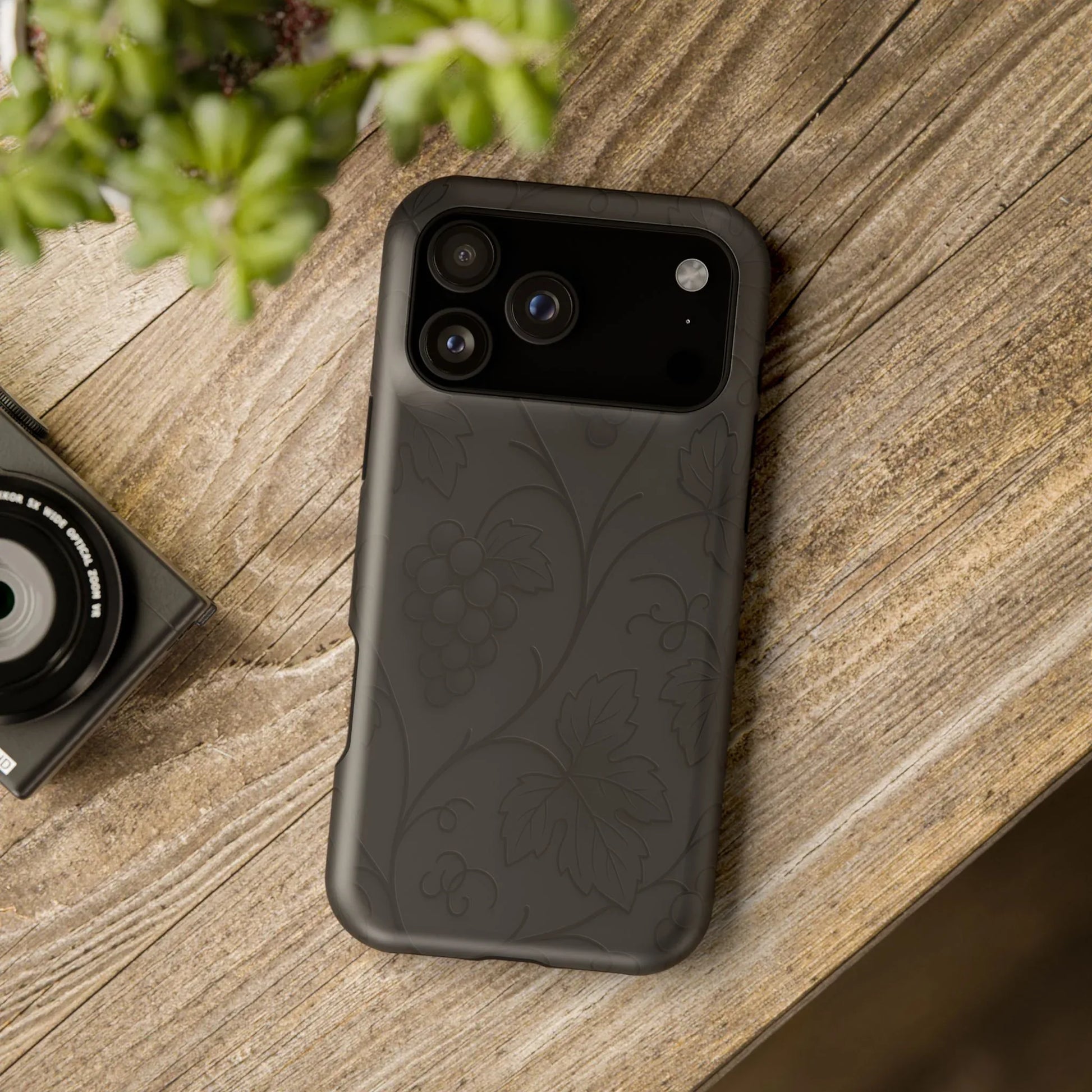 Elegant Embossed Grape Leaf Black Phone Case for iPhone and Galaxy - KARARMDESIGN