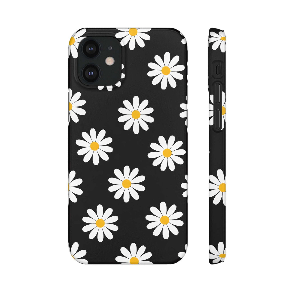 Black phone case with white daisy pattern and yellow centers; back with multiple camera cutouts.