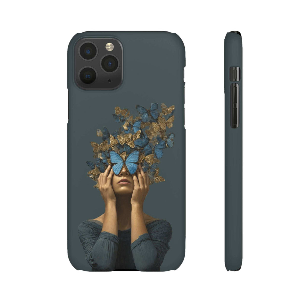 Dark gray phone case with blue-and-gold butterfly face design; multi-lens camera cutout