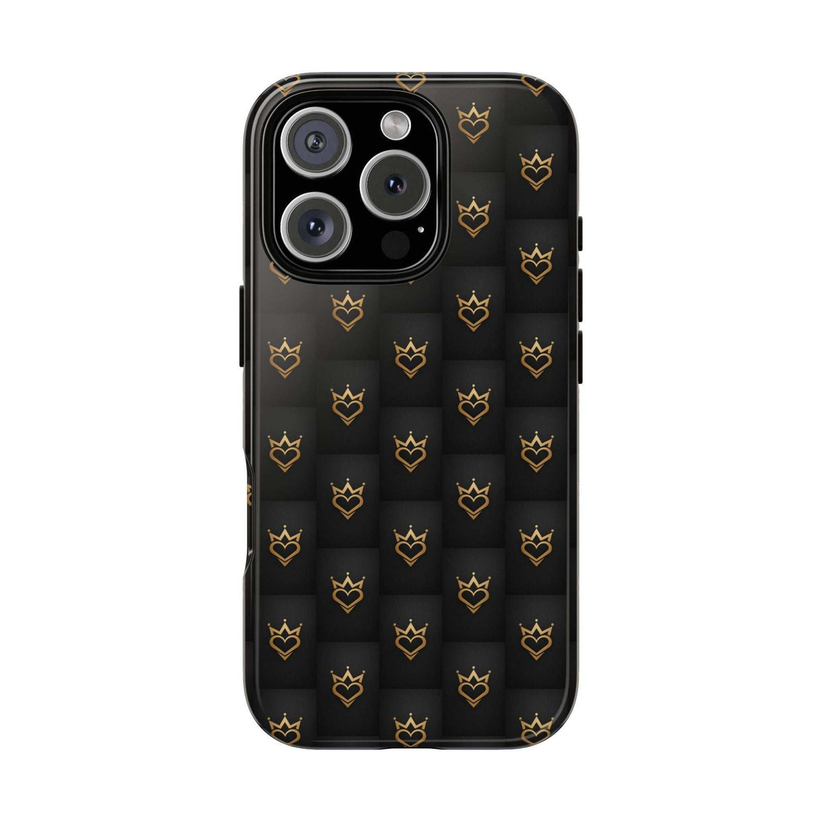 Glossy black phone case with gold crowned heart doodle pattern, triple camera cutout.