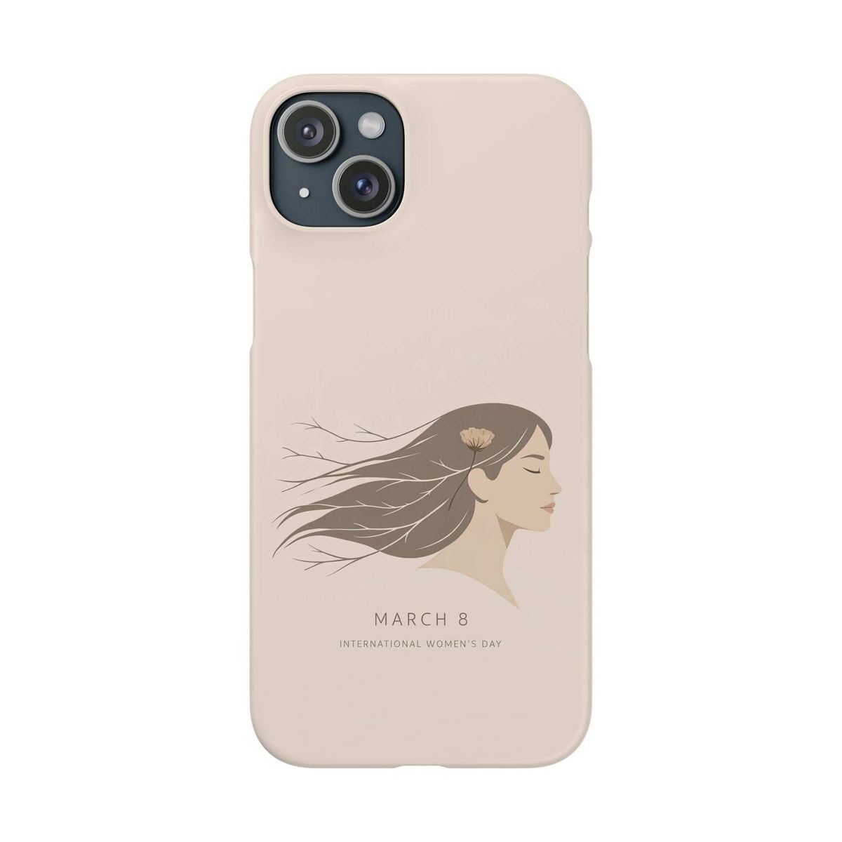 Beige phone case with side-by-side camera cutouts and March 8 women’s day graphic