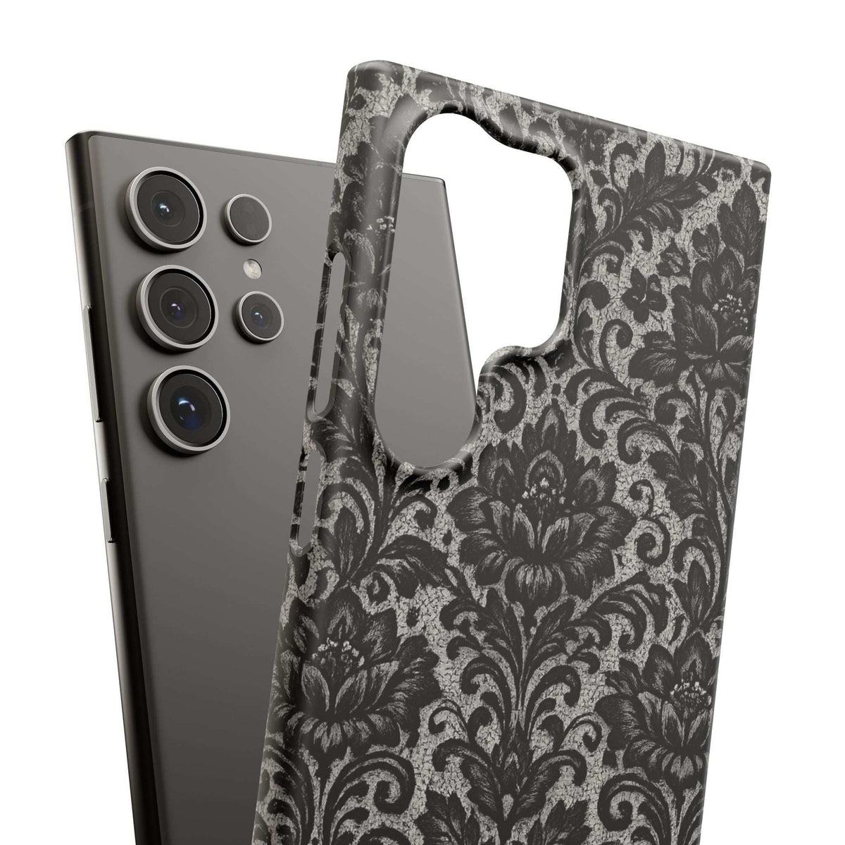 Black damask floral phone case with camera cutout and detailed gray damask design