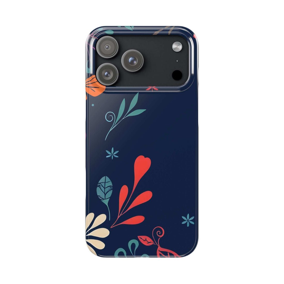 Navy phone case with red-orange botanical hearts and leaves, camera cutouts and buttons