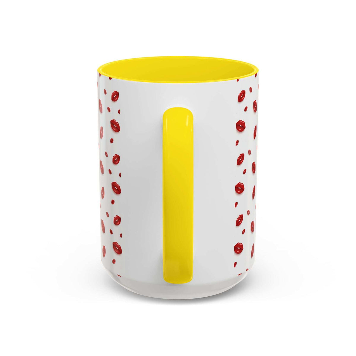 Yellow-accent coffee mug with red lips pattern and vertical yellow accent panel