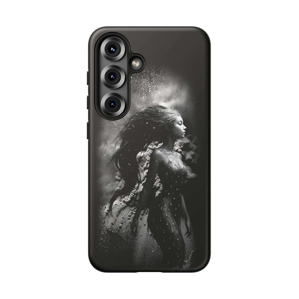 Monochrome mermaid phone case, black, front view with camera cutouts and rounded edges