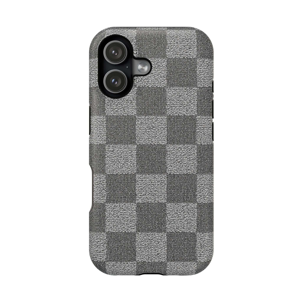 Gray checkered phone case with dual-camera cutout on a textured fabric back