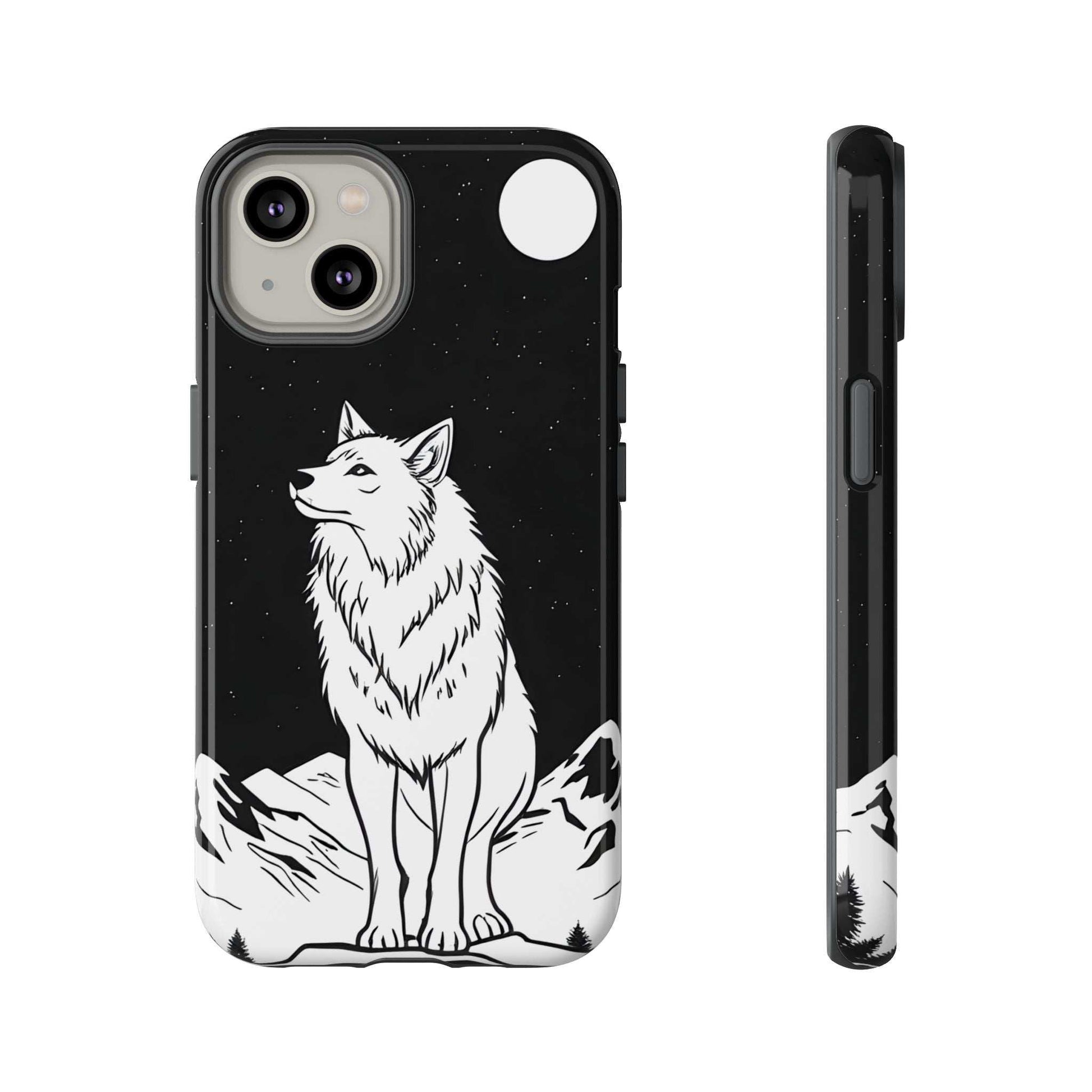 Wolf phone case, black with white wolf art and star speckles; front camera cutouts visible