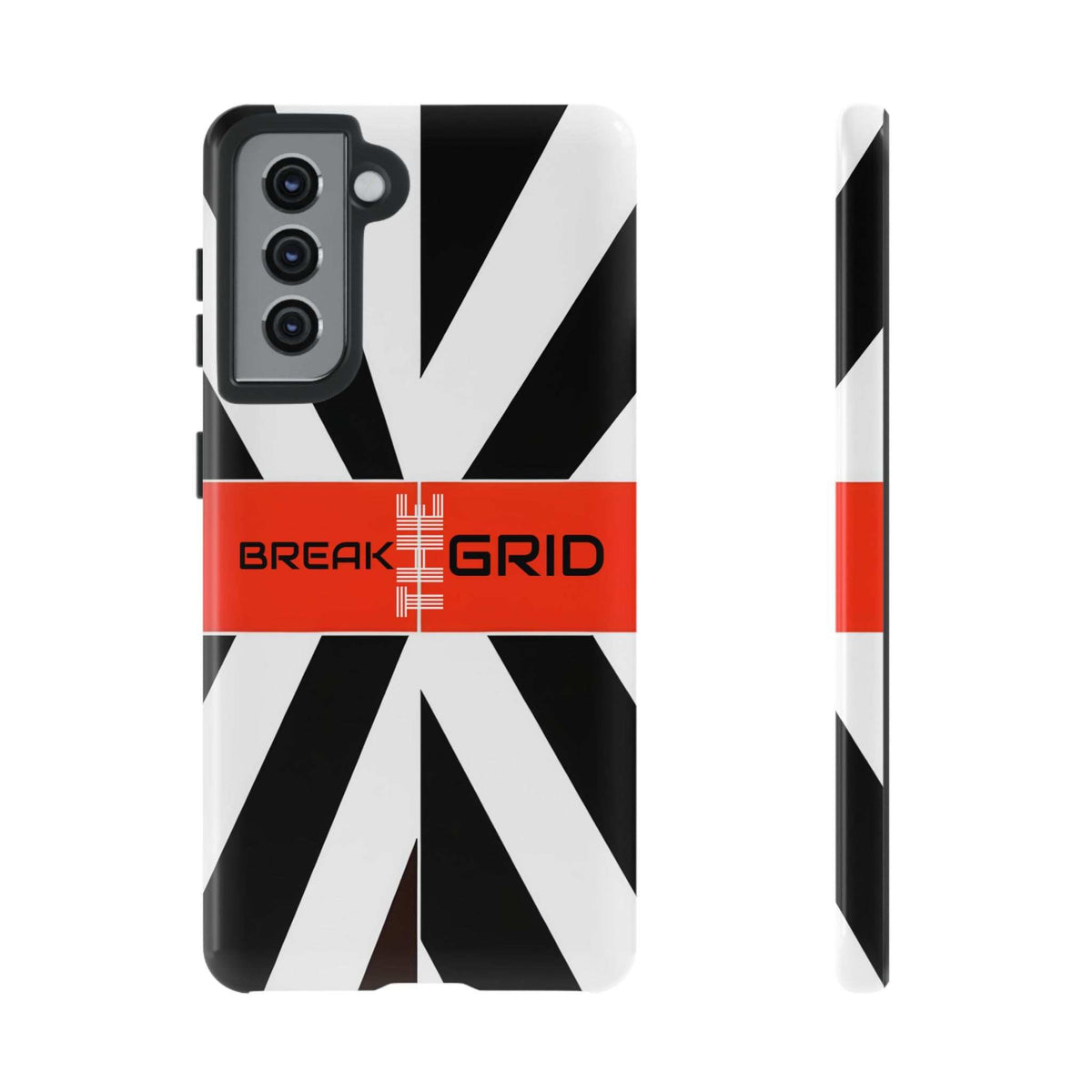 Phone case with black-and-white geometric stripes, red "Break Grid" band, front and side view.