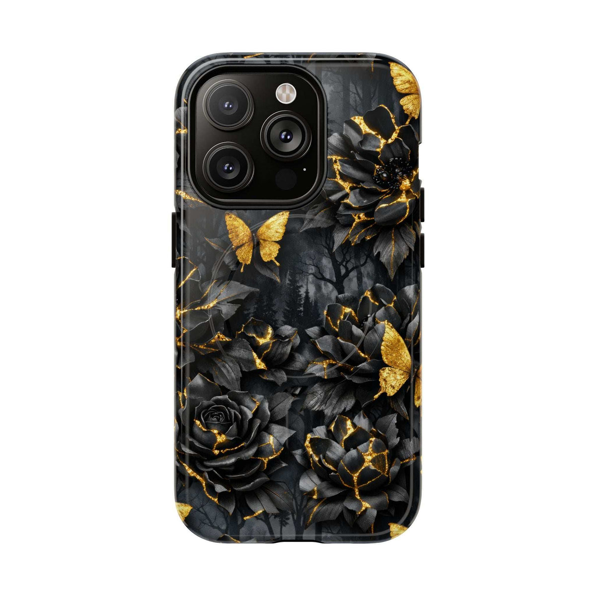 Phone case with dark floral rose and butterfly pattern, gold kintsugi cracks, camera cutouts