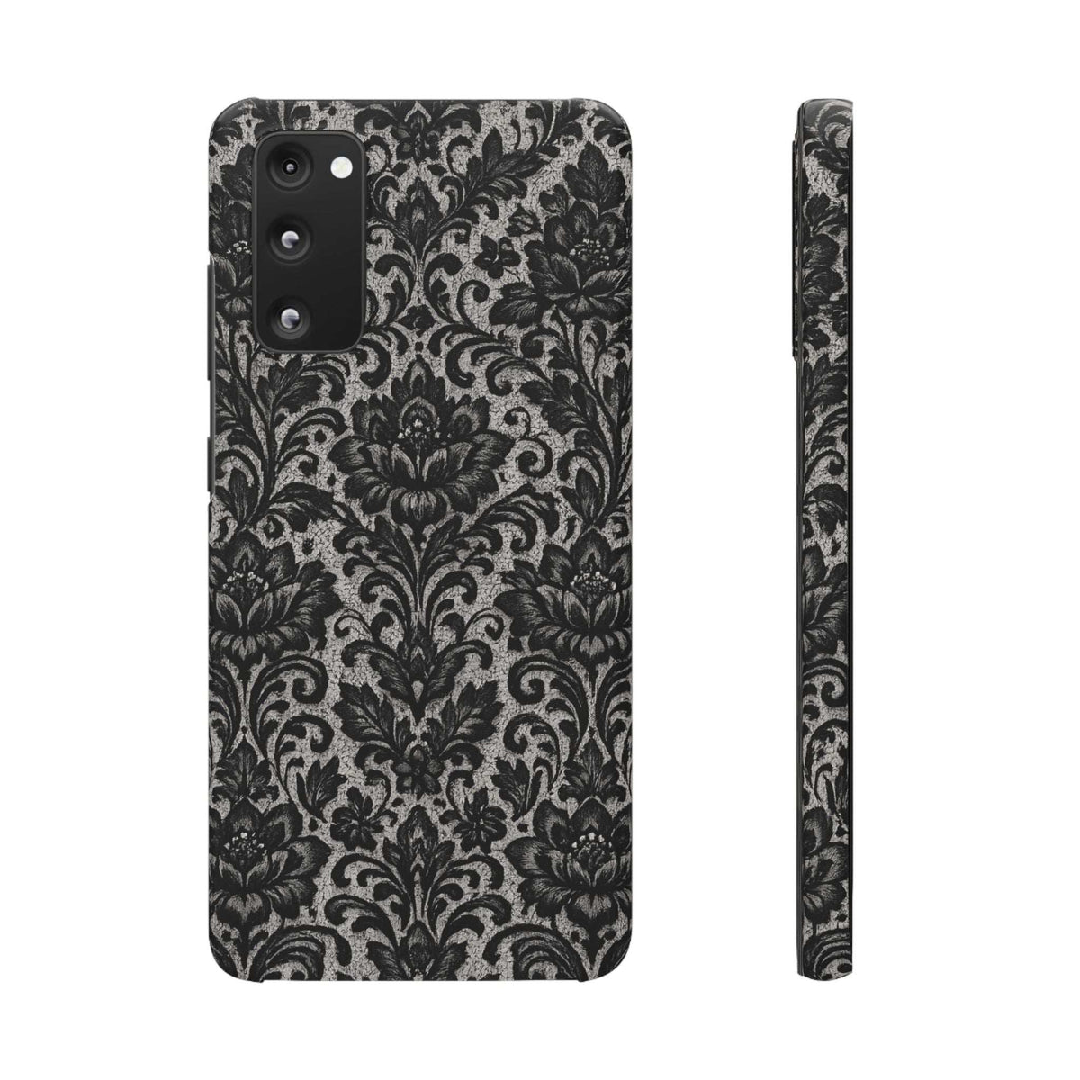 Black damask floral phone case, triple camera cutout; front and side view