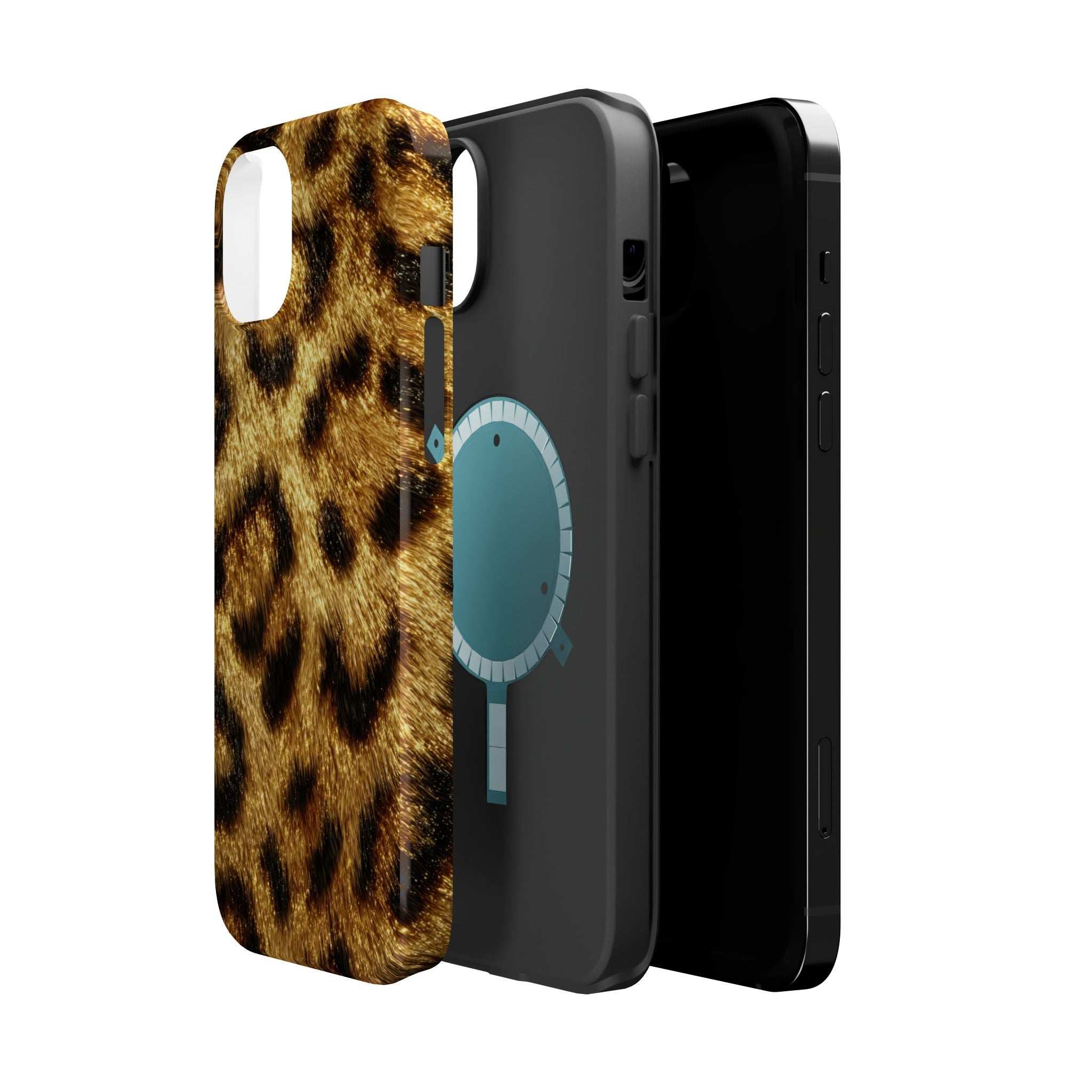 Leopard print glossy phone case with raised rim and camera cutout, tan and brown spots.