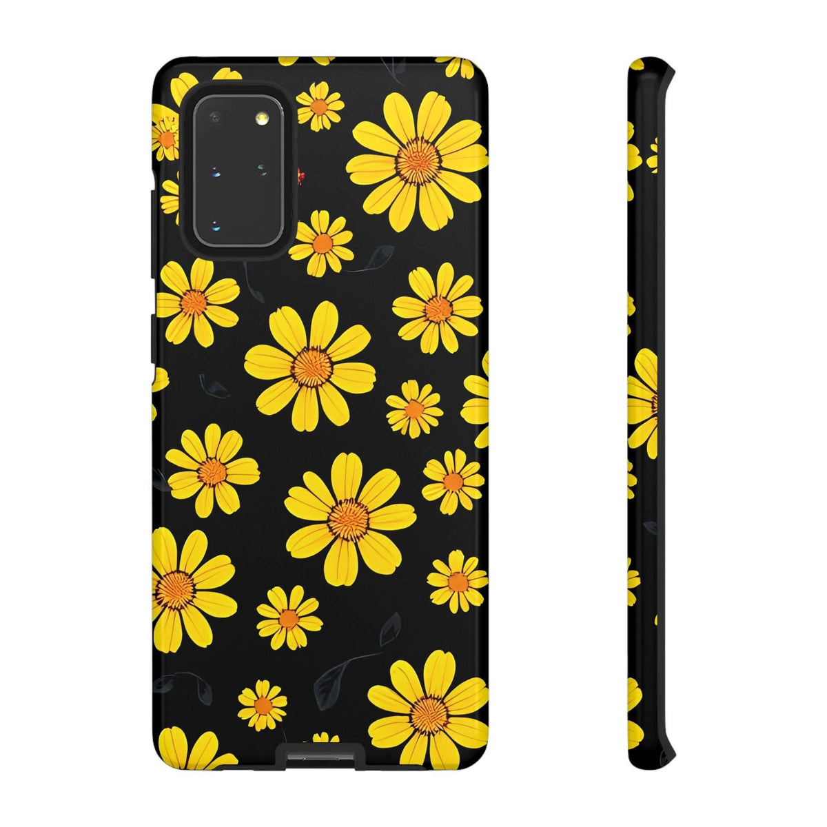 Black phone case with yellow daisy floral pattern, back and thin side shown