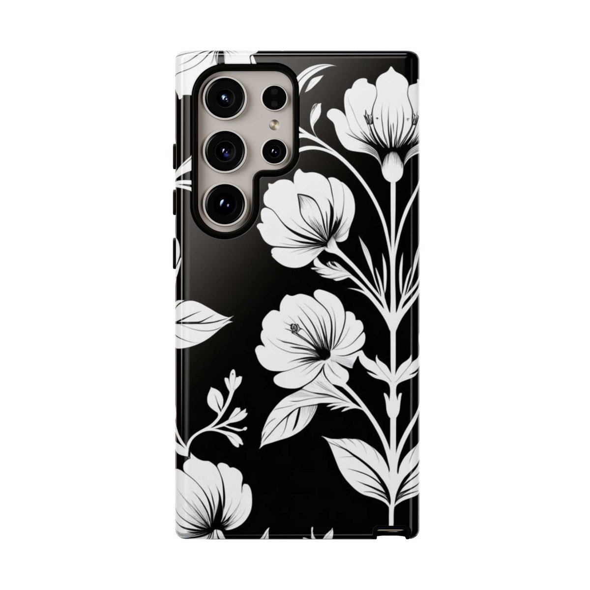 Floral phone case, black with white flower pattern; phone camera and flash cutouts