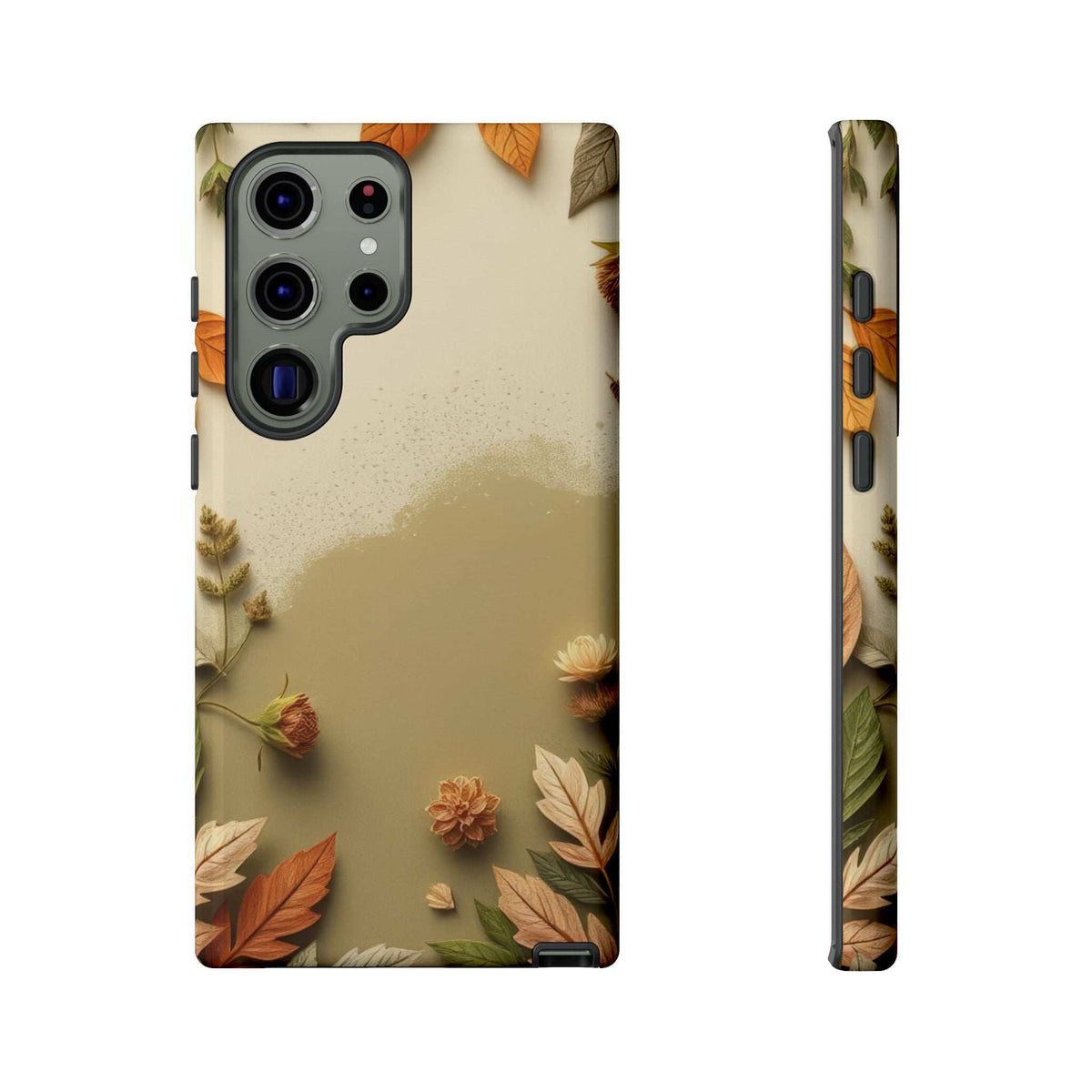 Autumn leaves phone case with beige leaf pattern; dark gray camera cutouts