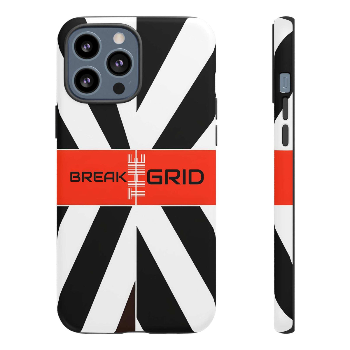 Phone case with black-and-white geometric stripes, red "Break Grid" band, front and side view.