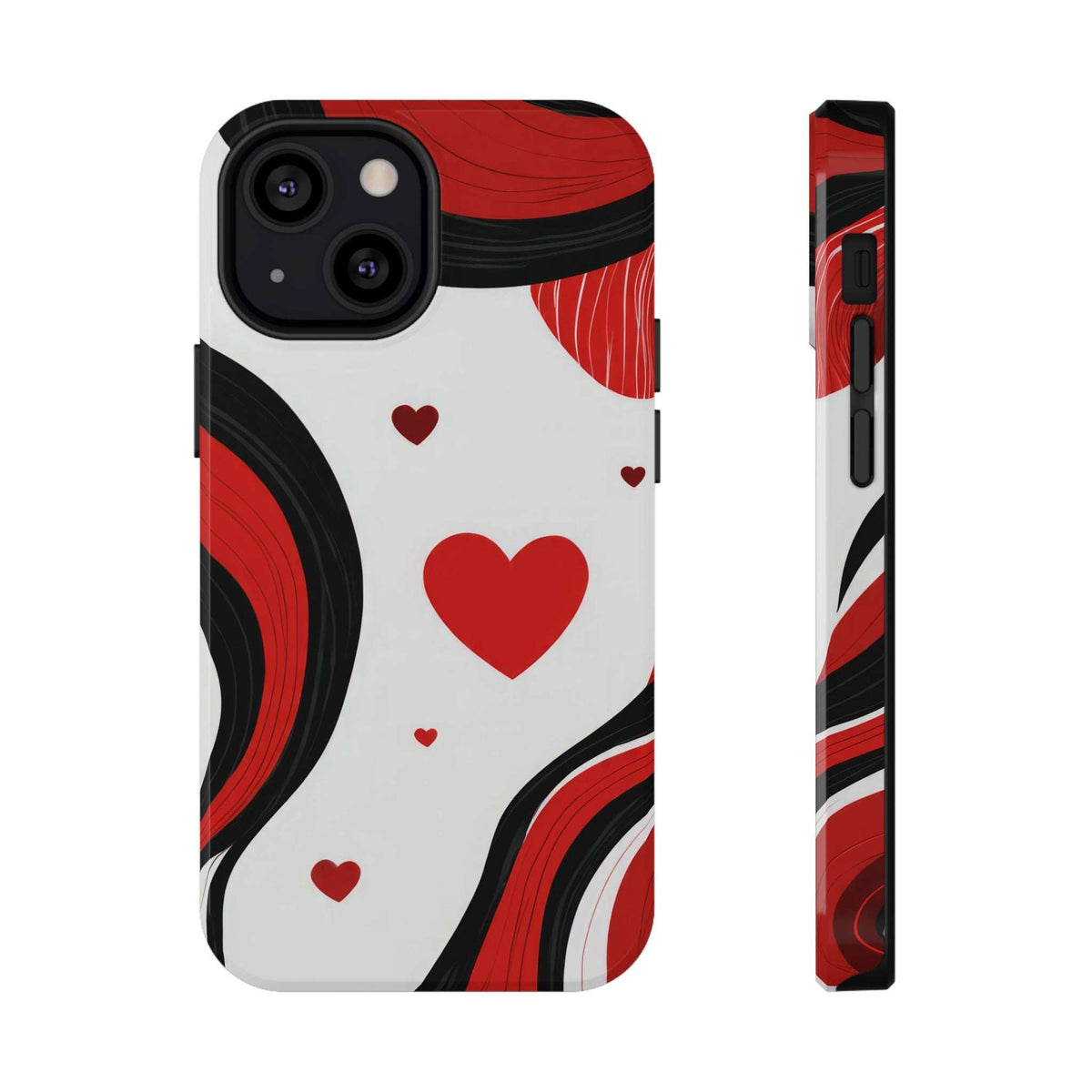 Phone case front and side views, red hearts with black and red wave swirls