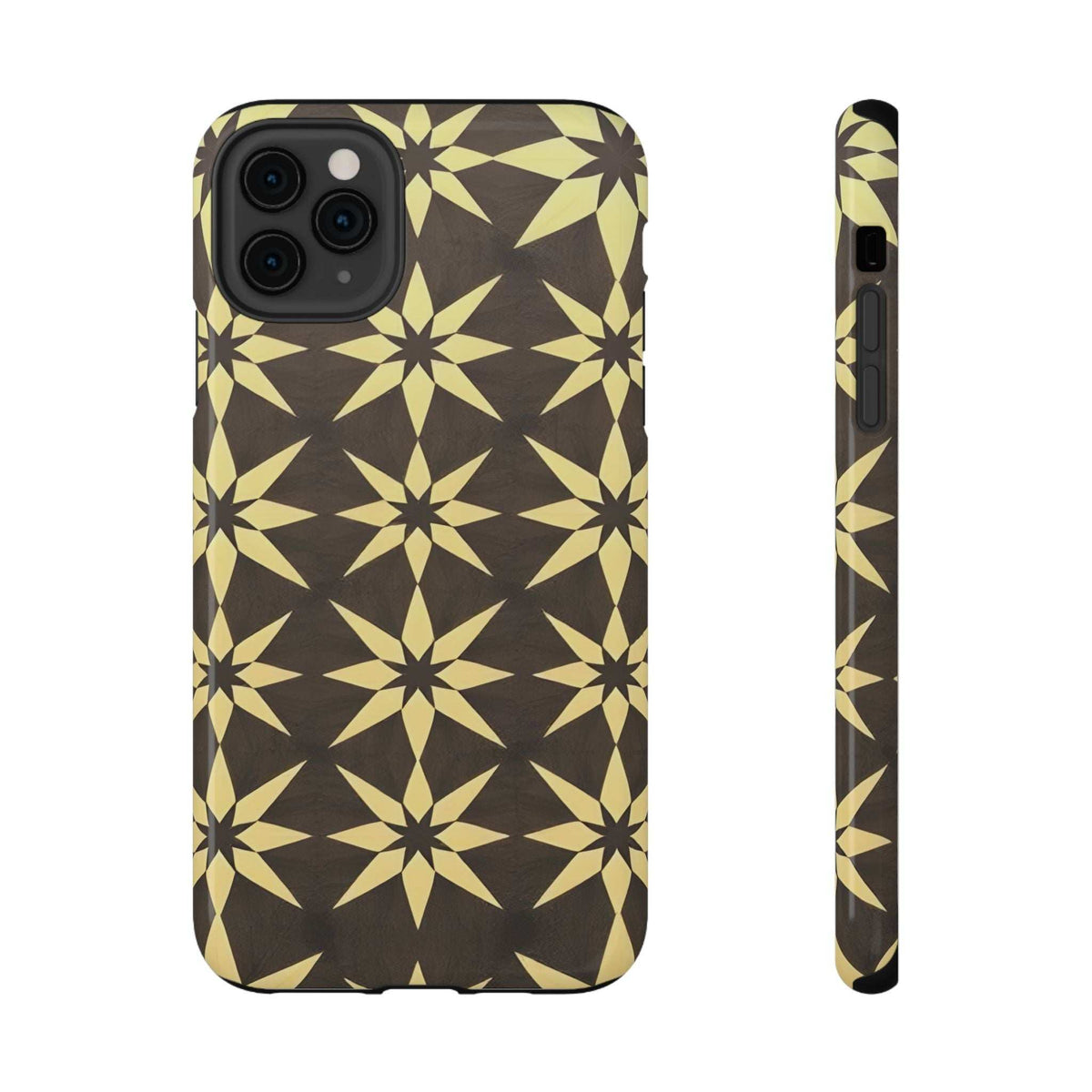 Phone case side view with gold star geometric pattern on black, port and button cutouts