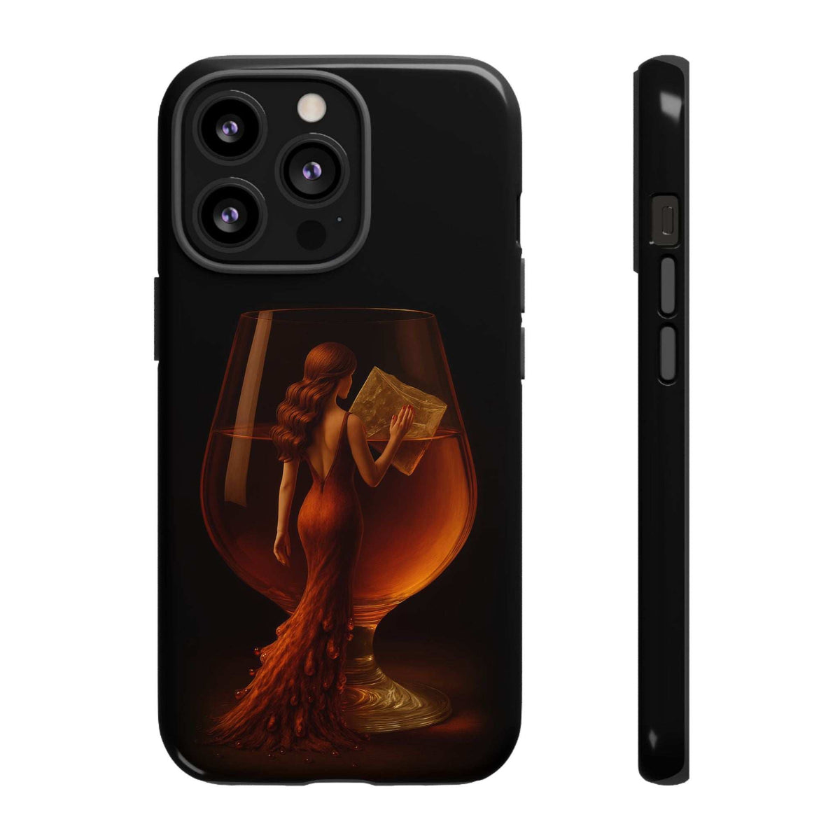 Glossy black phone case with figure in glass graphic; front view with side cutouts